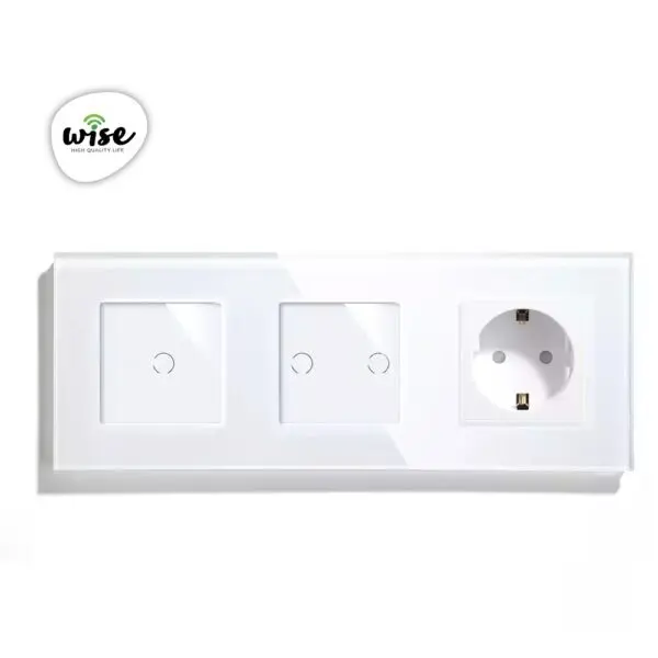 Wise modularni prekidači i utičnice – 3 tastera, 1 utičnica – stakleni panel beli