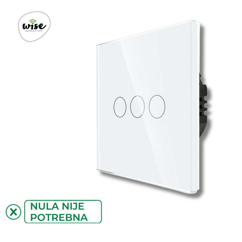 Wise prekidač na dodir – 3 tastera, stakleni panel beli