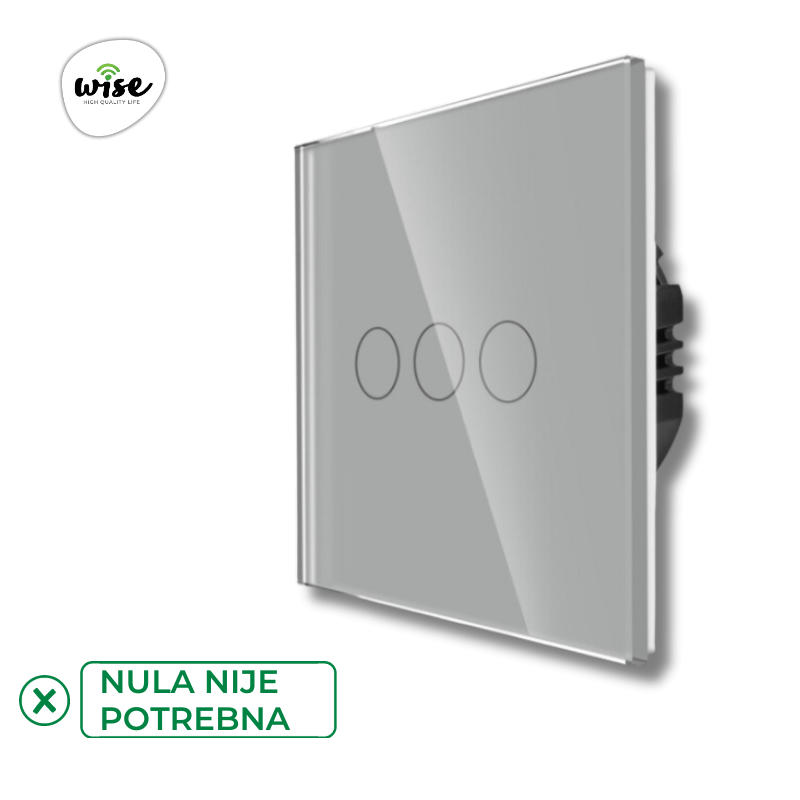 Wise prekidač na dodir – 3 tastera, stakleni panel sivi